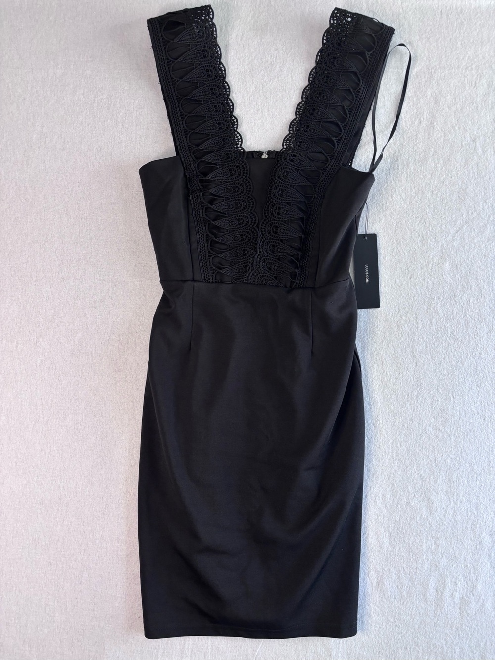 Lulu's Black Lace-Trim Deep V Sheath Mini Dress